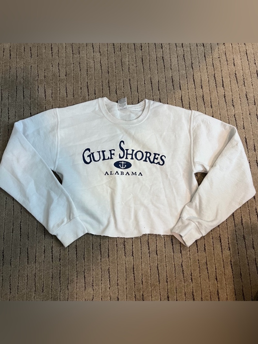 Jerzees White Crewneck Sweater with Navy Gulf Shores Alabama Graphic